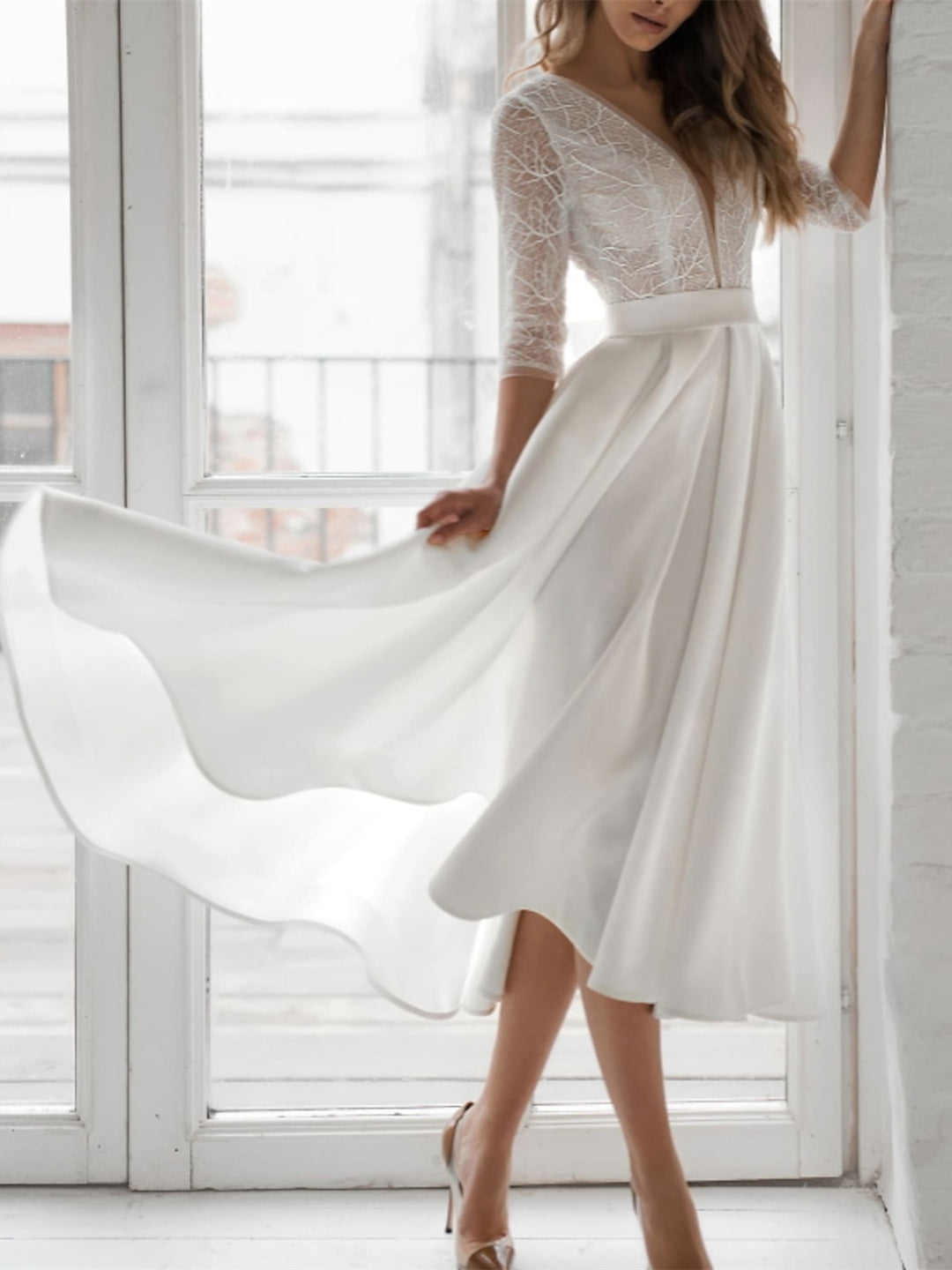 A-Line/Princess Chiffon Lace V Neck 3/4 Length Sleeve Tea Length Solid Color Wedding Dress BabaMila