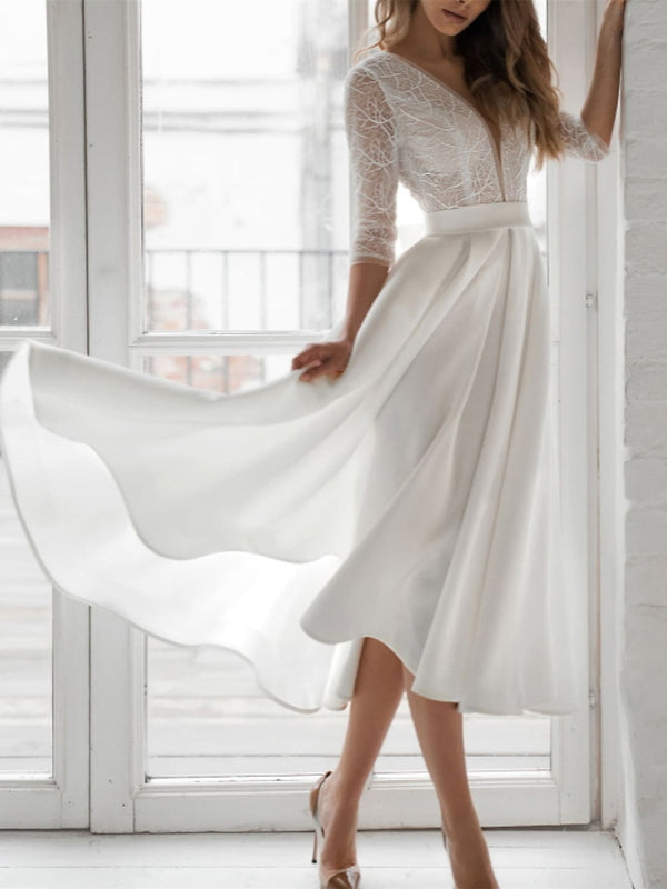 A-Line/Princess Chiffon Lace V Neck 3/4 Length Sleeve Tea Length Solid Color Wedding Dress BabaMila