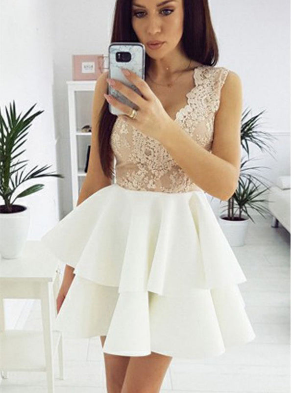 Beautiful Homecoming Dresses V-neck Lace Short Prom Dress Party Dress Homecoming Dress BabaMila