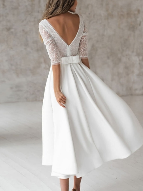 A-Line/Princess Chiffon Lace V Neck 3/4 Length Sleeve Tea Length Solid Color Wedding Dress BabaMila