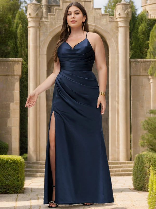 Sheath/Column V-Neck Sleeveless Floor-Length Satin Plus Size Prom Dresses With Split Side & Pleated BabaMila