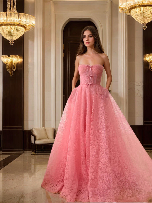 A-Line/Princess Sweetheart Tulle/Lace Strapless Floor-Length Prom Dress with Bows BabaMila