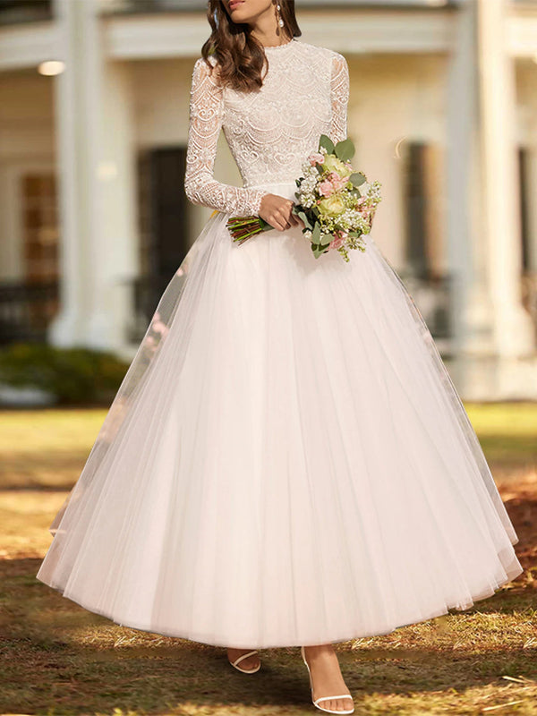 Ball Gown Lace Satin Tulle Scoop Long Sleeve Ankle Length Appliques Solid Color Wedding Dress BabaMila