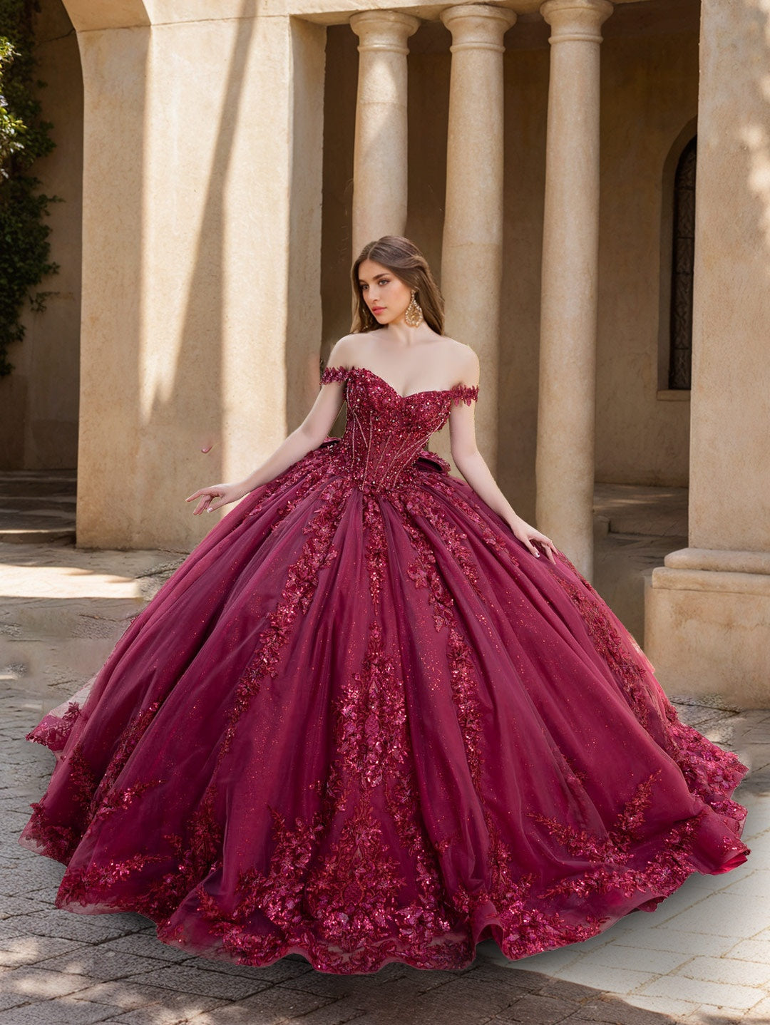 Ball Gown Off-the-Shoulder Sleeveless Court Train Long Prom Dresses with Lace/Appliques BabaMila