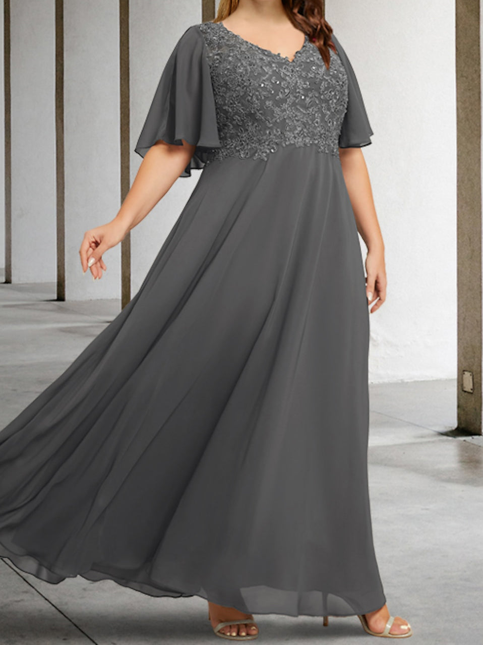 A-Line/Princess V-Neck Half Sleeves Floor-Length Mother Of The Bride Dresses With Applique BabaMila