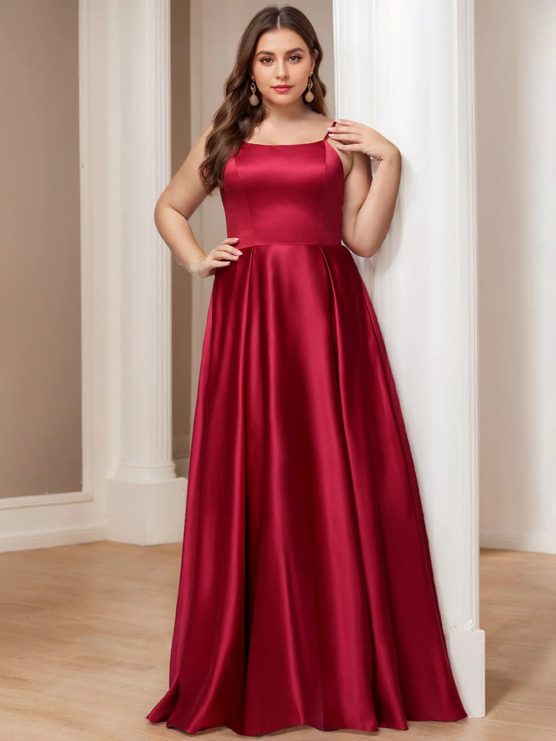 A-Line/Princess Square Neck Sleeveless Floor-Length Plus Size Satin Prom Dresses BabaMila