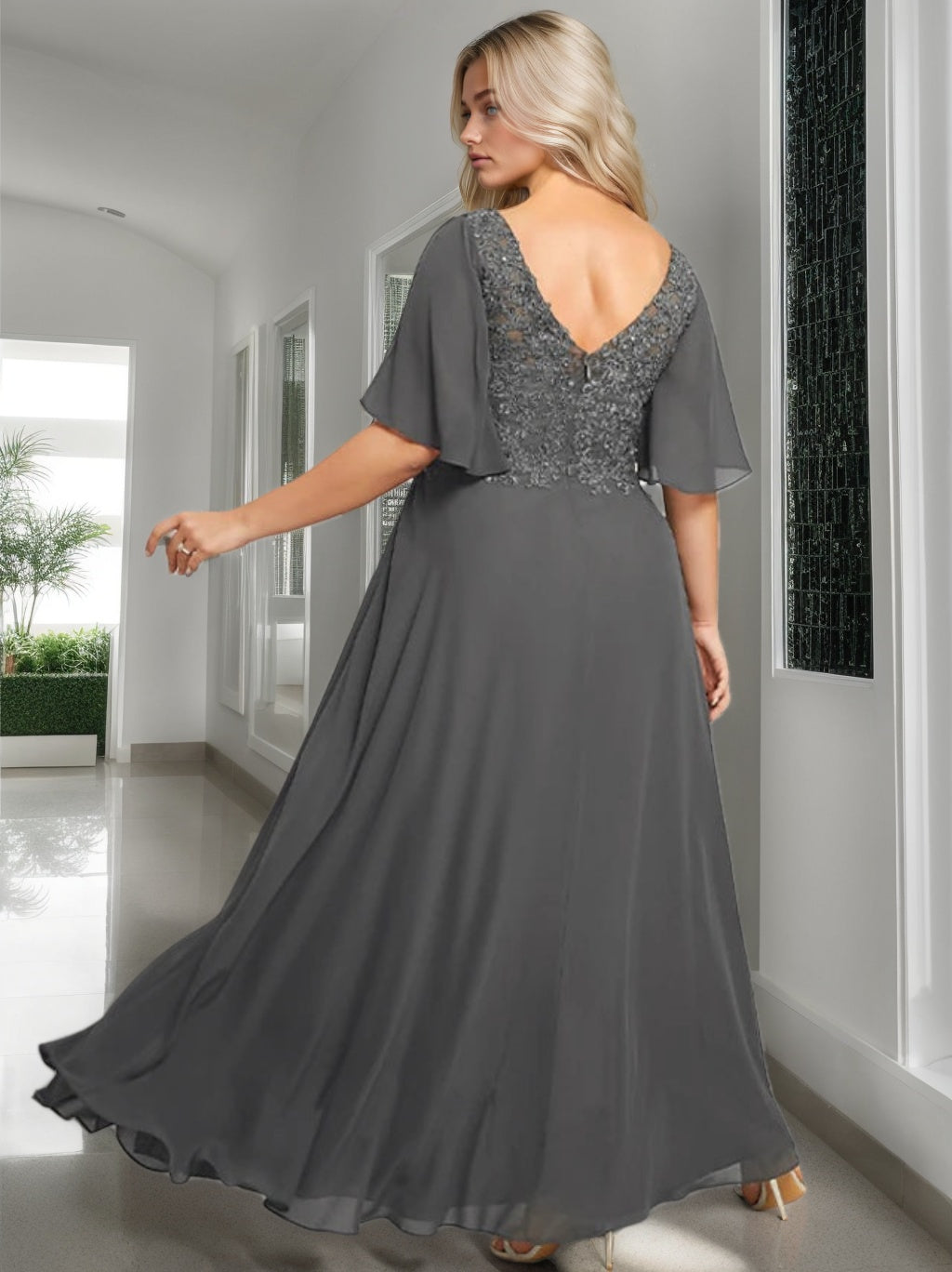 A-Line/Princess V-Neck Half Sleeves Floor-Length Mother Of The Bride Dresses With Applique BabaMila