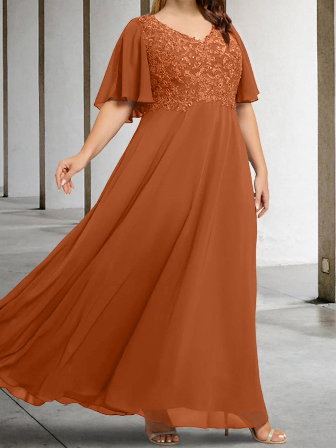 A-Line/Princess V-Neck Half Sleeves Floor-Length Mother Of The Bride Dresses With Applique BabaMila