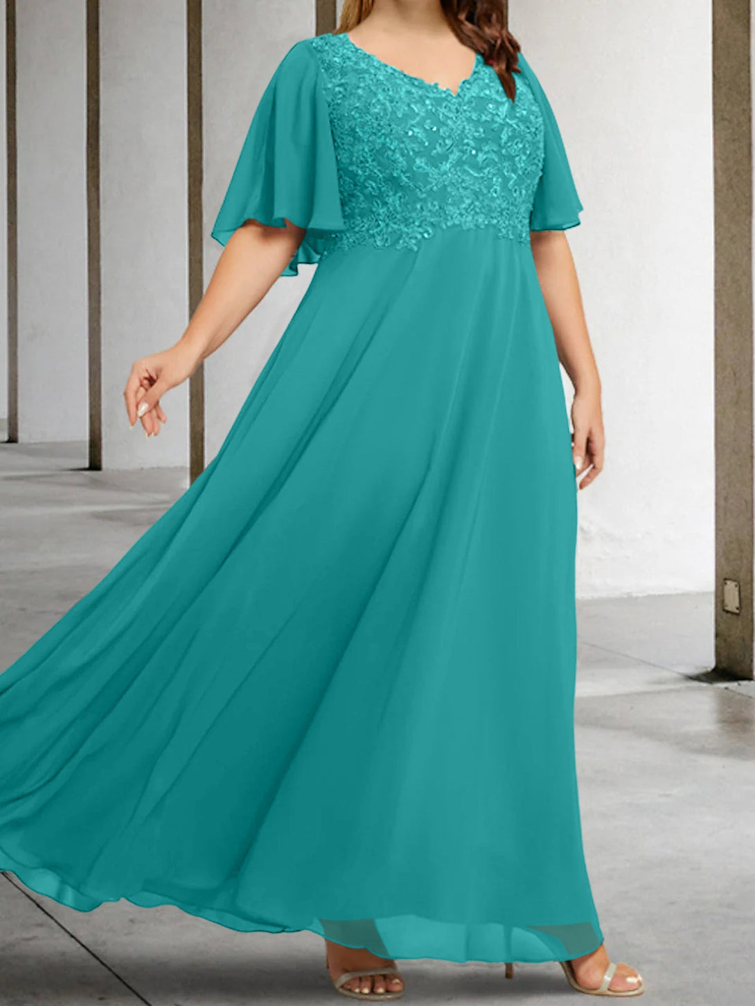 A-Line/Princess V-Neck Half Sleeves Floor-Length Mother Of The Bride Dresses With Applique BabaMila