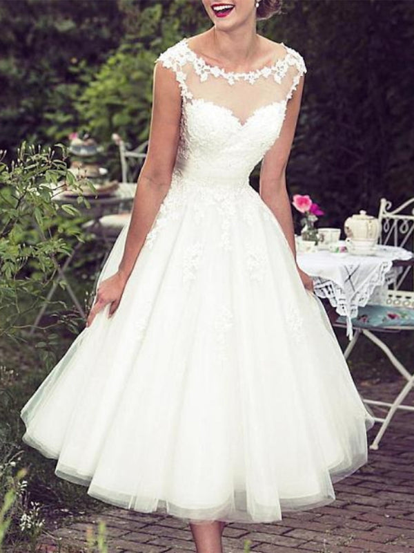 A-Line/Princess Lace Tulle Illusion Neck Sleeveless Tea Length Appliques Wedding Dress BabaMila
