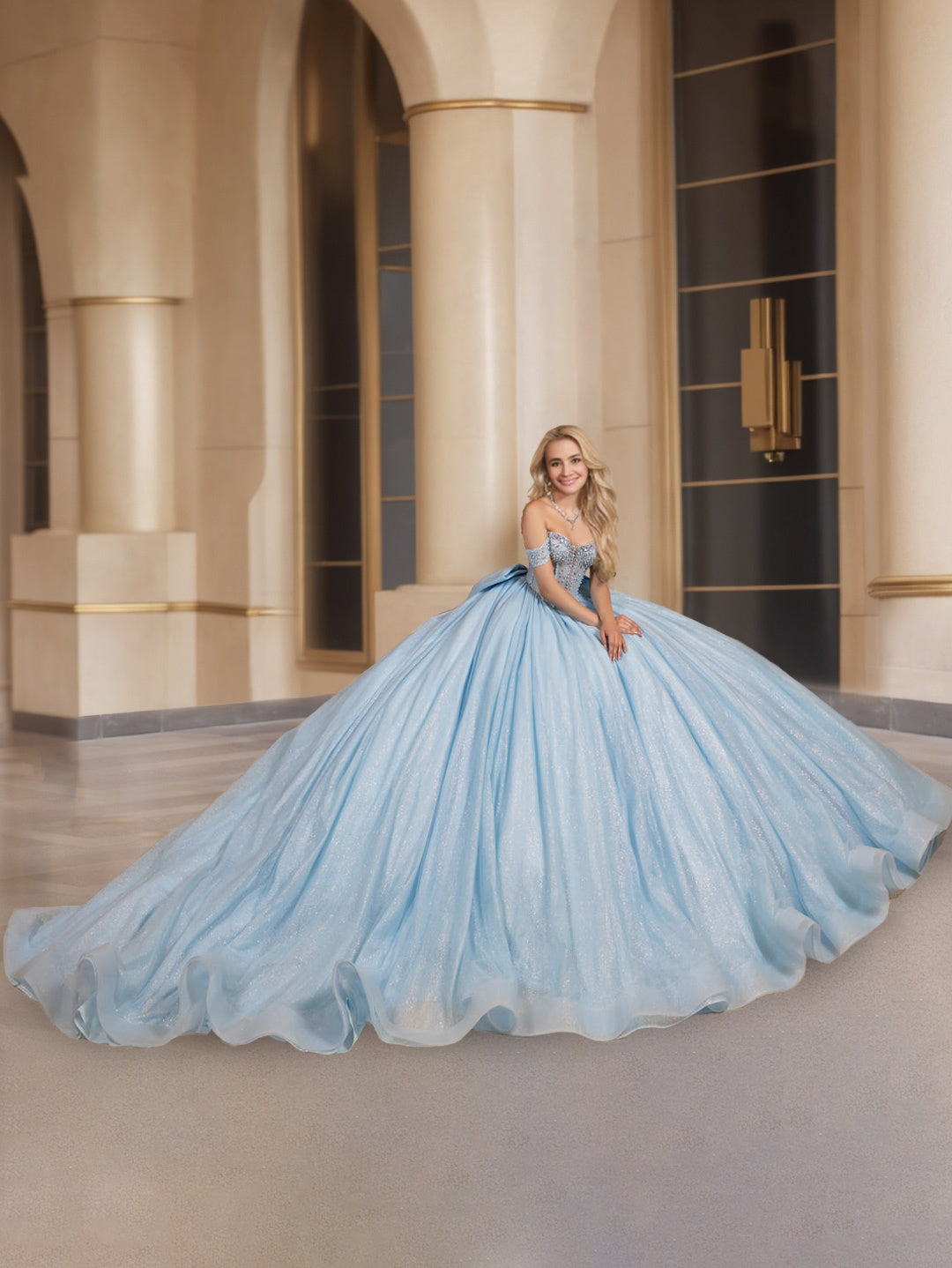 Ball Gown Off-the-Shoulder Sleeveless Court Train Tulle Long Prom Dresses with Sequins/Bow BabaMila
