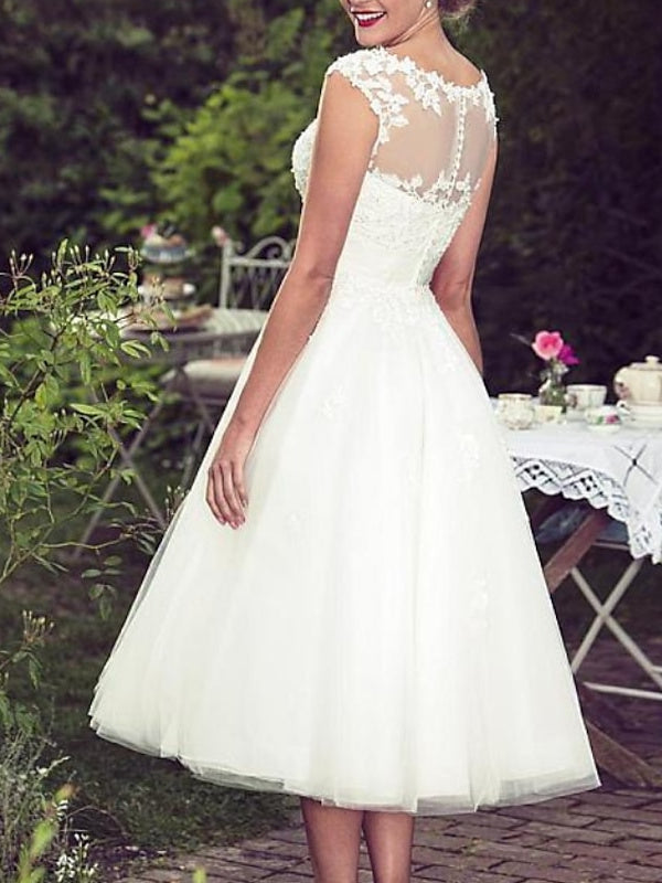 A-Line/Princess Lace Tulle Illusion Neck Sleeveless Tea Length Appliques Wedding Dress BabaMila
