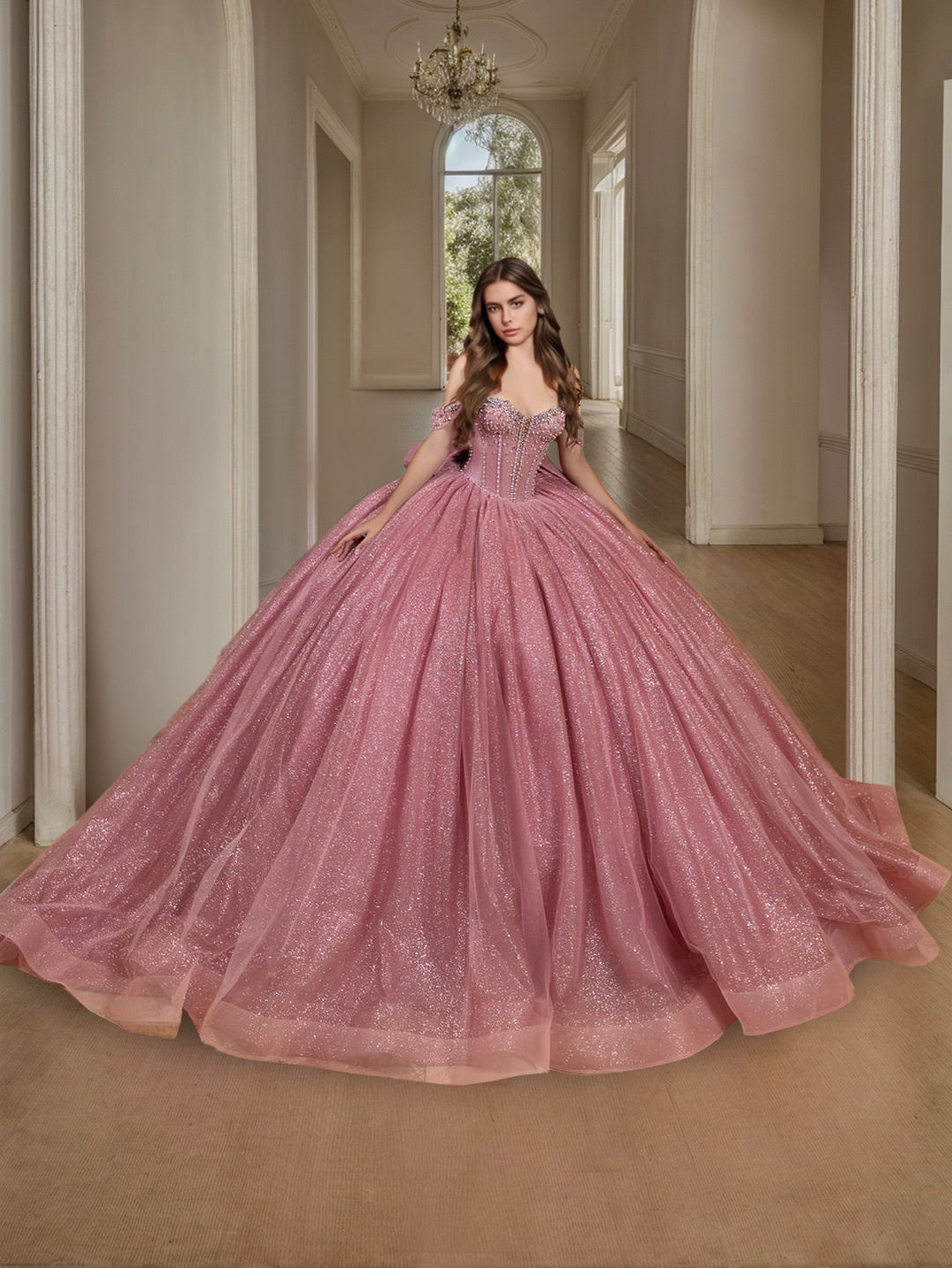 Ball Gown Off-the-Shoulder Sleeveless Court Train Tulle Long Prom Dresses with Sequins/Bow BabaMila