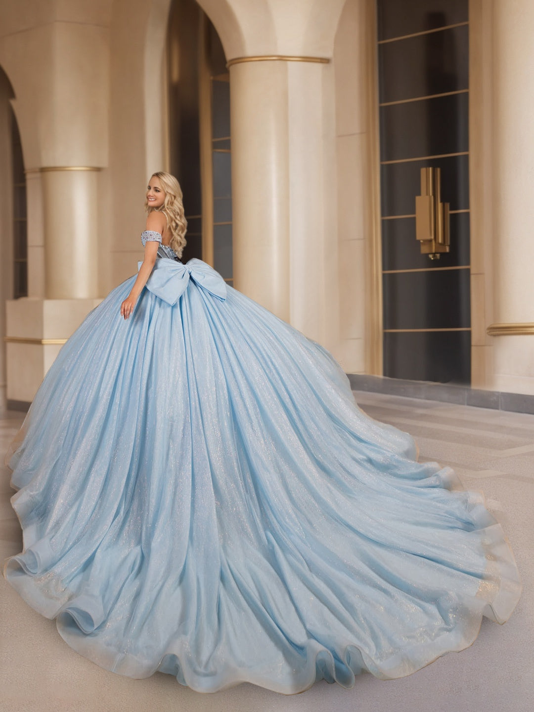 Ball Gown Off-the-Shoulder Sleeveless Court Train Tulle Long Prom Dresses with Sequins/Bow BabaMila