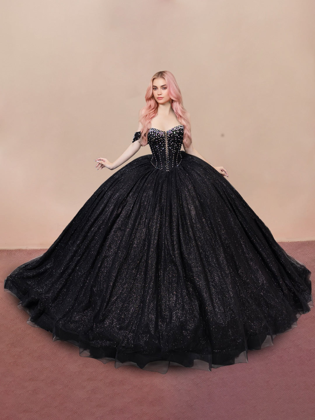 Ball Gown Off-the-Shoulder Sleeveless Court Train Tulle Long Prom Dresses with Sequins/Bow BabaMila