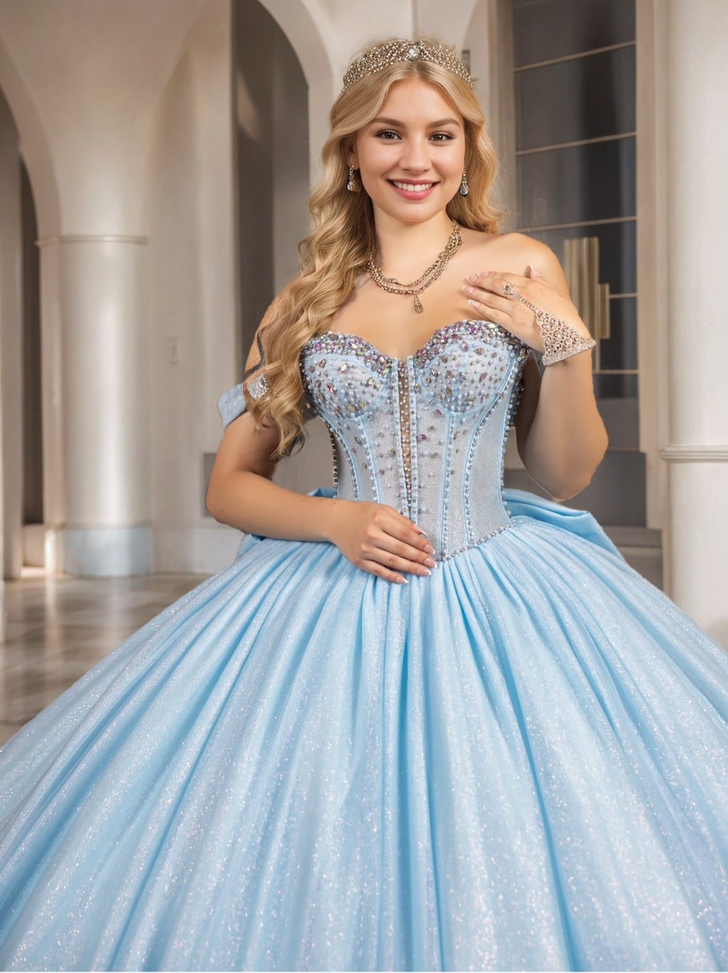 Ball Gown Off-the-Shoulder Sleeveless Court Train Tulle Long Prom Dresses with Sequins/Bow BabaMila