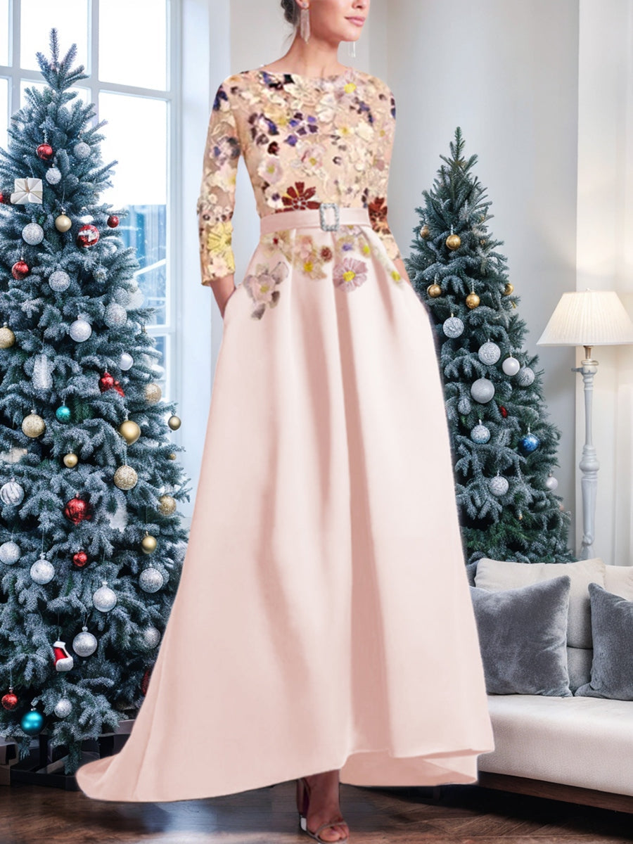 A-Line/Princess Scoop 3/4 Sleeves Asymmetrical Mother Of The Bride Dresses With Appliques Lace BabaMila