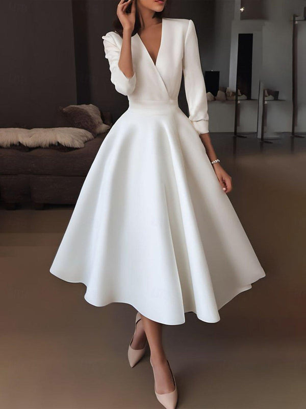 A-Line/Princess V Neck Half Sleeve Tea Length Satin Wedding Dress With Draping BabaMila