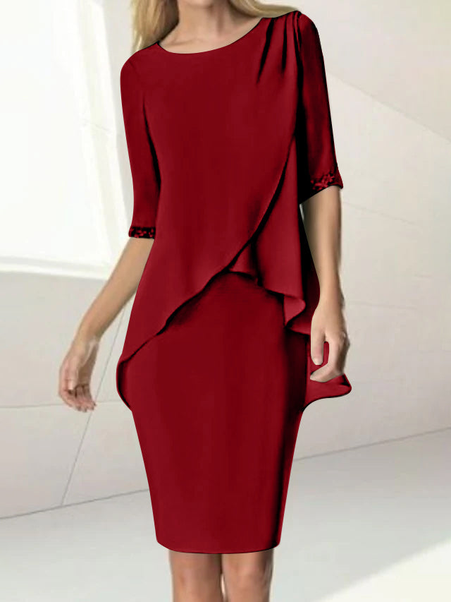 Sheath/Column Jewel Neck Knee-Length Half Sleeve Mother Of The Bride Dresses With Beading Ruching BabaMila