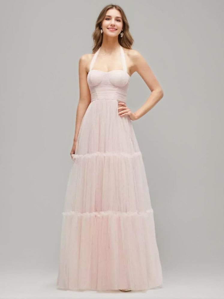 A-line/Princess Halter Sleeveless Ruched Floor-length Prom Dresses with Pleats/Self-tie Bow BabaMila