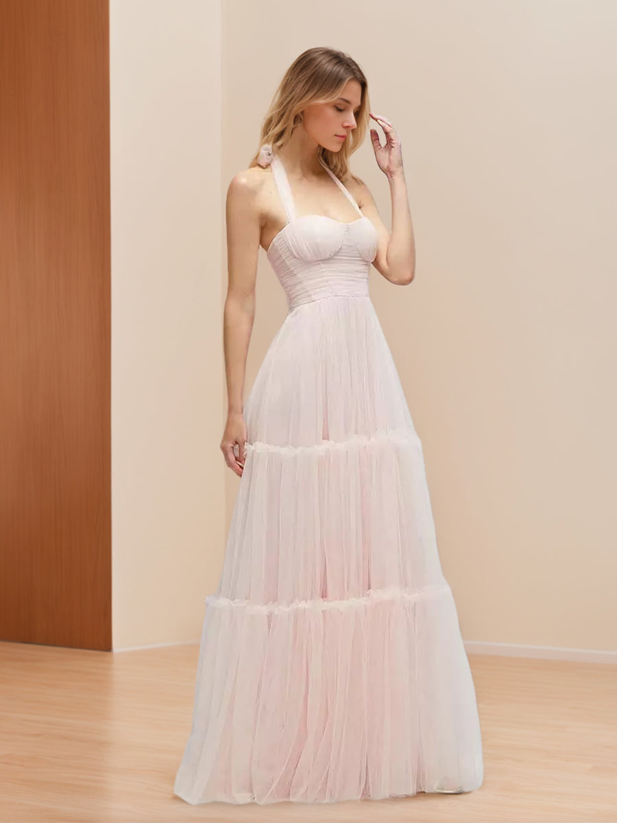 A-line/Princess Halter Sleeveless Ruched Floor-length Prom Dresses with Pleats/Self-tie Bow BabaMila