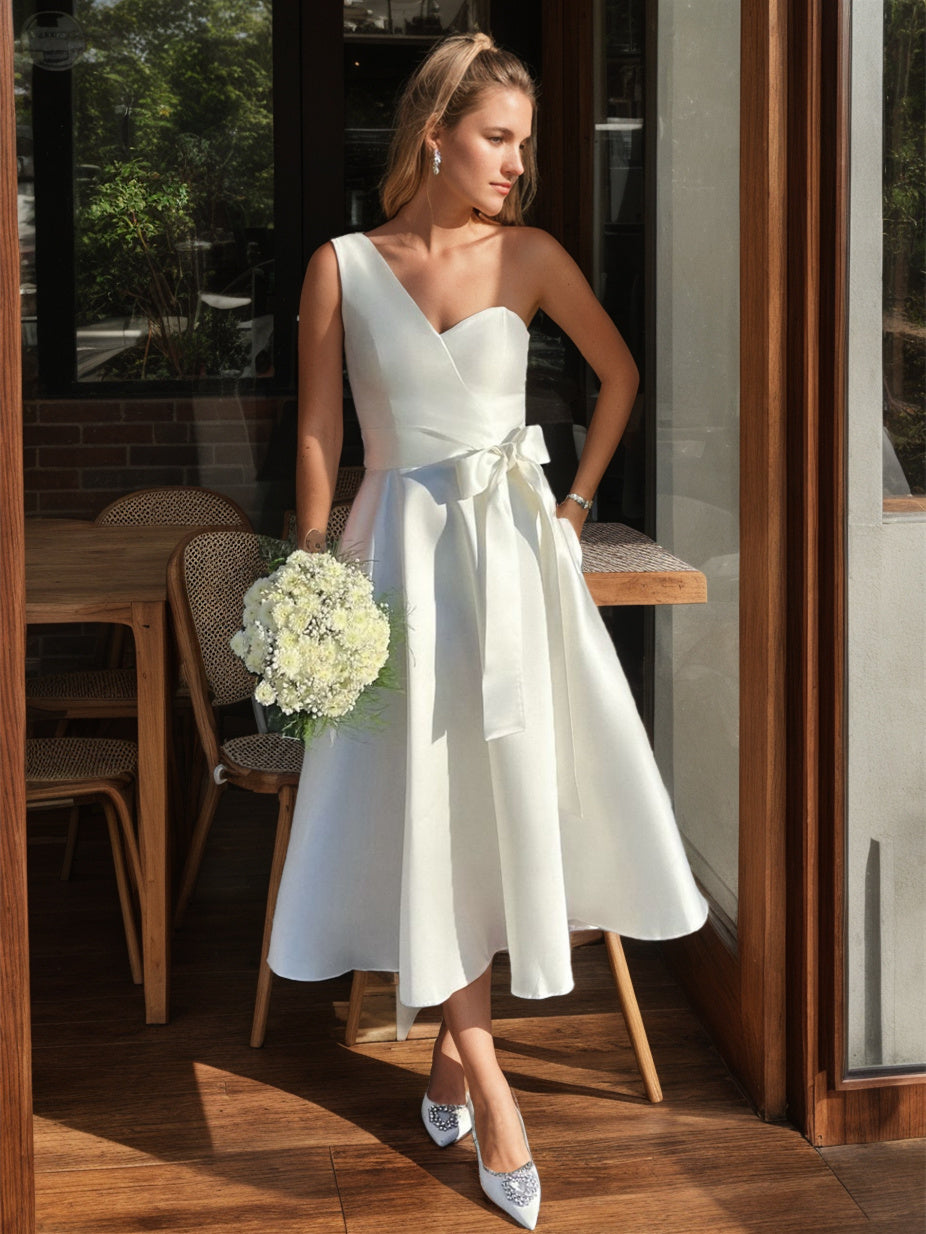 A-Line/Princess One-Shoulder Tea-Length Bowknot Wedding Dress With Bow BabaMila