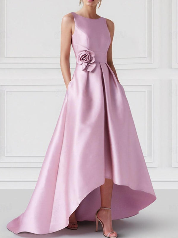 A-Line/Princess Boat Neck Sleeveless Floor-Length Prom Dresses with Pocket/3D Flower BabaMila