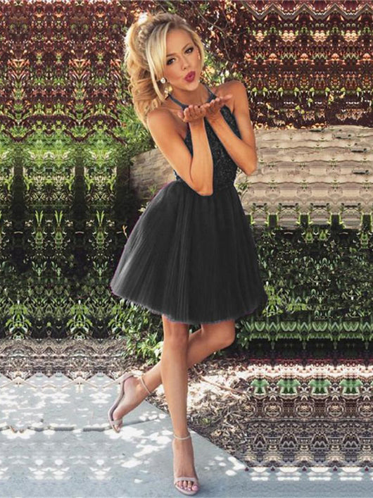 Homecoming Dress Sexy Tulle Halter Beading Short Prom Dress Party Dress Homecoming Dress BabaMila