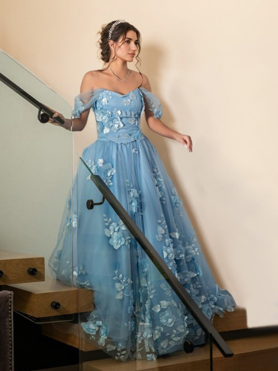 A-Line/Princess Off-the-shoulder Sweetheart Neckline Blue Floor-length Prom Dresses with Flower BabaMila