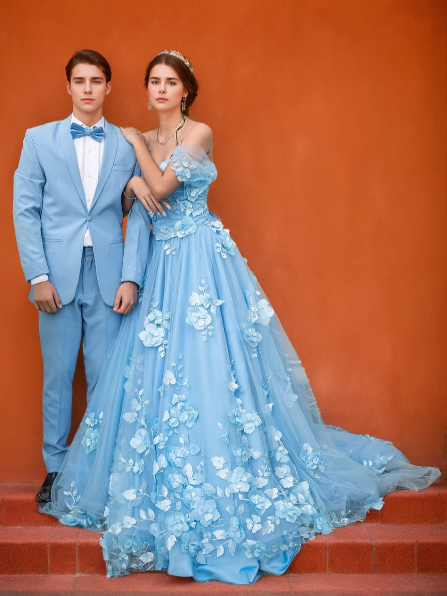 A-Line/Princess Off-the-shoulder Sweetheart Neckline Blue Floor-length Prom Dresses with Flower BabaMila