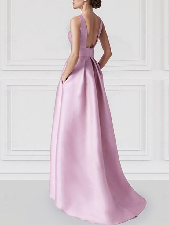 A-Line/Princess Boat Neck Sleeveless Floor-Length Prom Dresses with Pocket/3D Flower BabaMila