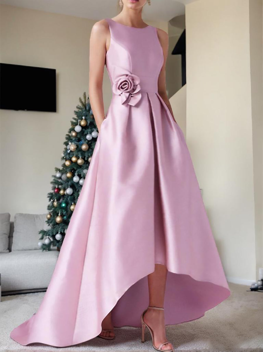 A-Line/Princess Boat Neck Sleeveless Floor-Length Prom Dresses with Pocket/3D Flower BabaMila