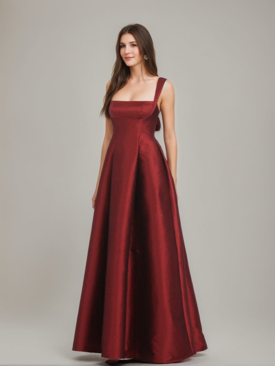 A-Line/Princess Square Neckline Floor-length Prom Dresses with Bowknot BabaMila