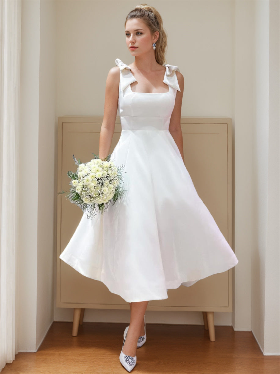 A-Line Square Neck Tea-length Lace Wedding Dress With Bow BabaMila
