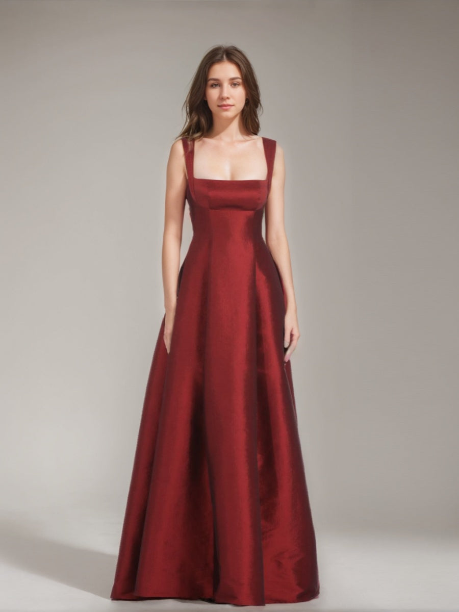 A-Line/Princess Square Neckline Floor-length Prom Dresses with Bowknot BabaMila
