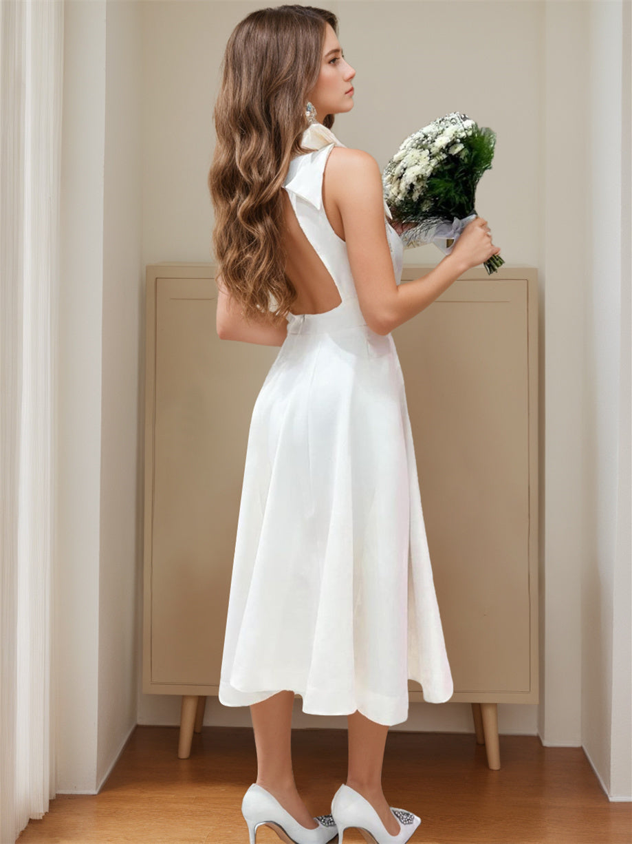 A-Line Square Neck Tea-length Lace Wedding Dress With Bow BabaMila