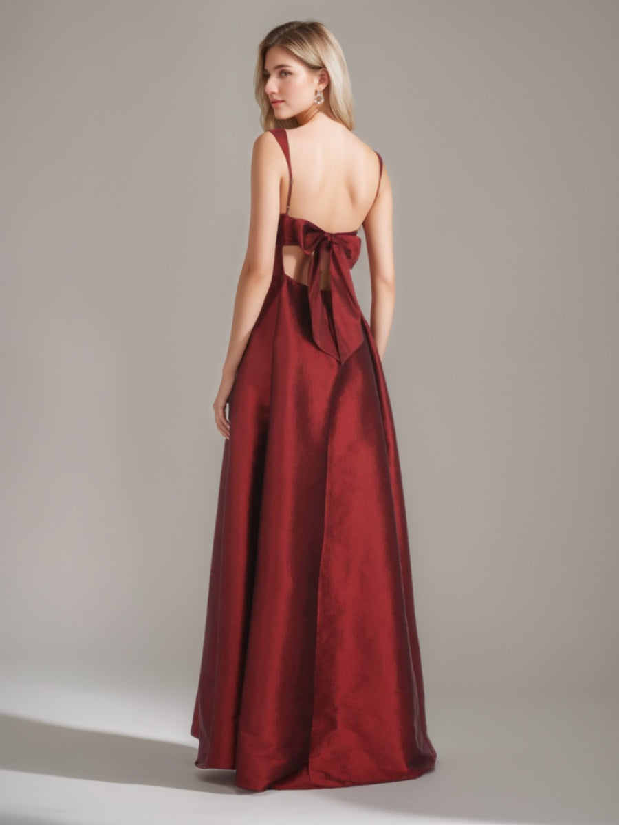 A-Line/Princess Square Neckline Floor-length Prom Dresses with Bowknot BabaMila