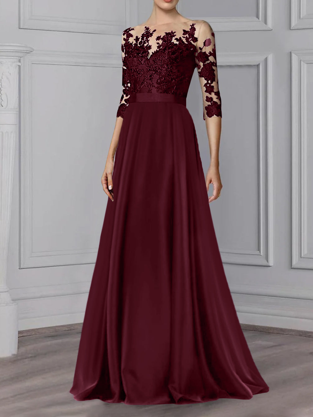 A-Line/Princess Jewel Neck 3/4 Length Sleeves Floor-Length Mother Of The Bride Dresses BabaMila