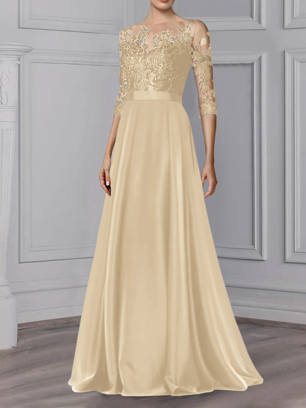 A-Line/Princess Jewel Neck 3/4 Length Sleeves Floor-Length Mother Of The Bride Dresses BabaMila