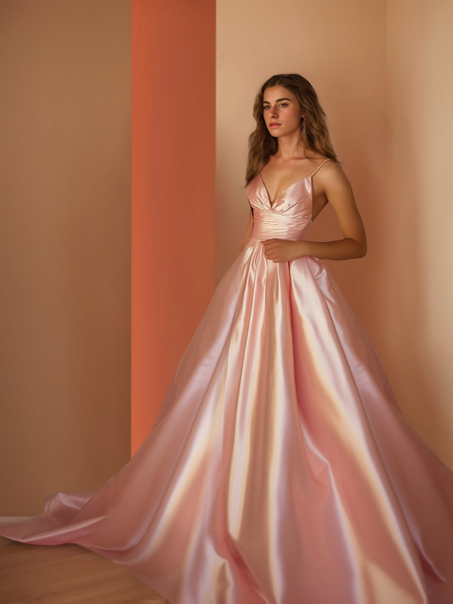 A-Line/Princess Spaghetti Straps V-Neck Floor-Length Ruched Prom Dresses BabaMila