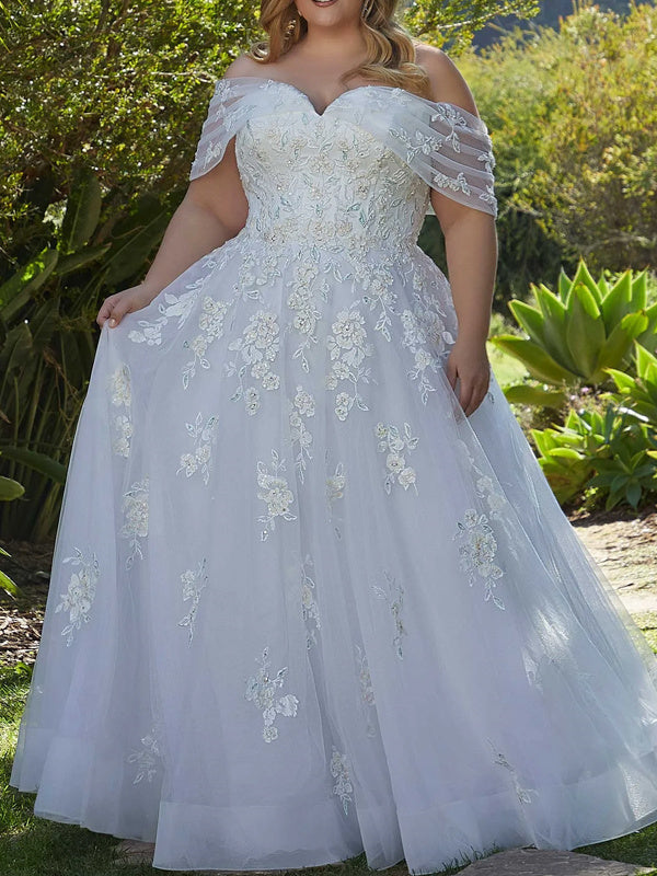 A-Line/Princess Off-the-shoulder Sleeveless Tulle Wedding Dresses Court Train With Lace BabaMila