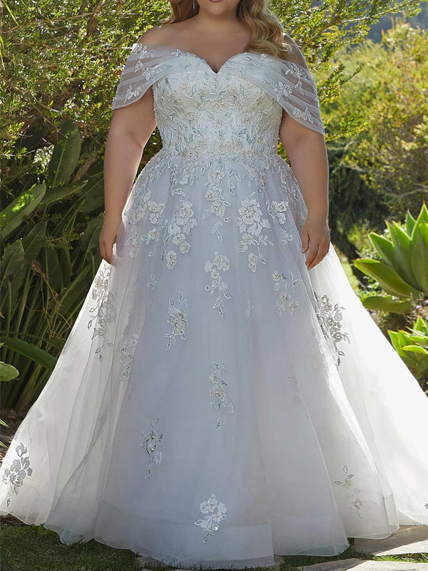 A-Line/Princess Off-the-shoulder Sleeveless Tulle Wedding Dresses Court Train With Lace BabaMila