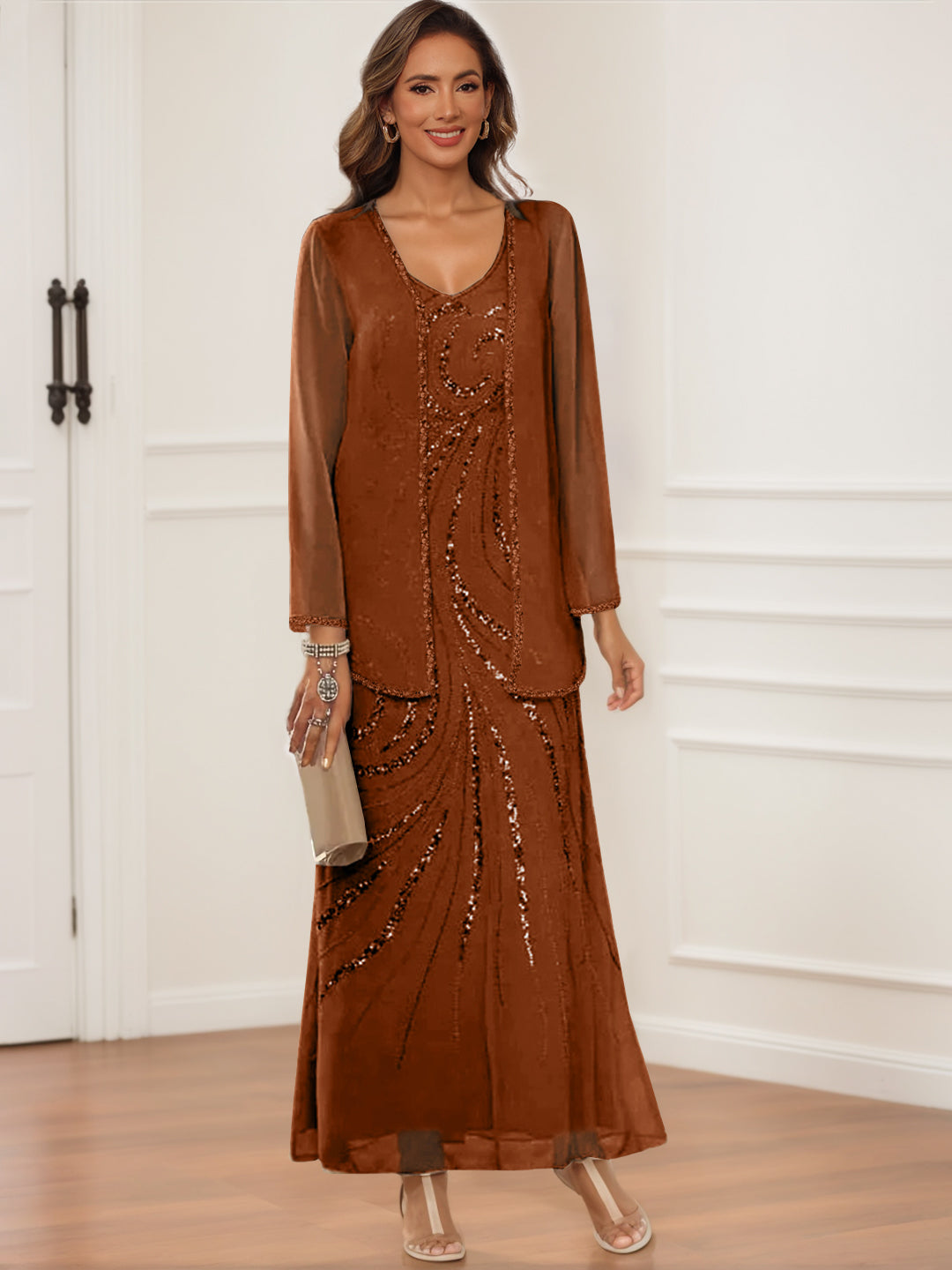 Sheath/Column V-Neck Ankle-Length Mother Of The Bride & Groom Dresses With Jacket & Sequins BabaMila