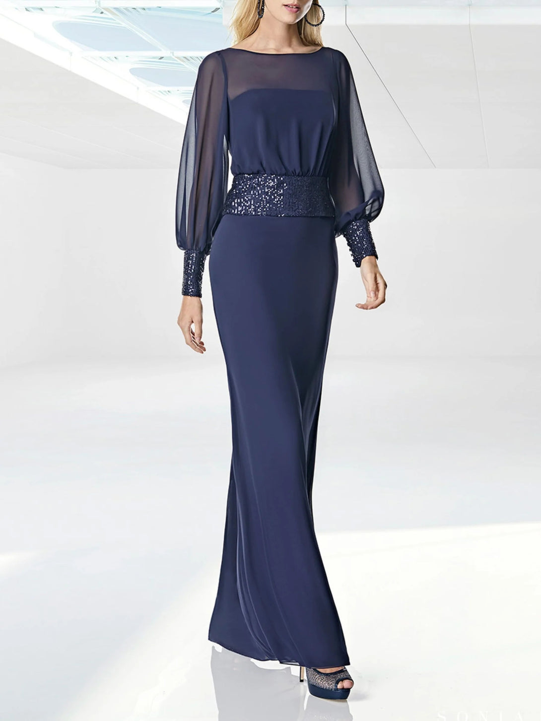 Sheath/Column Scoop Evening Dresses Long Sleeves Chiffon Floor length With Sequins BabaMila