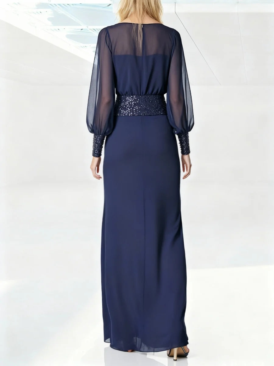 Sheath/Column Scoop Evening Dresses Long Sleeves Chiffon Floor length With Sequins BabaMila