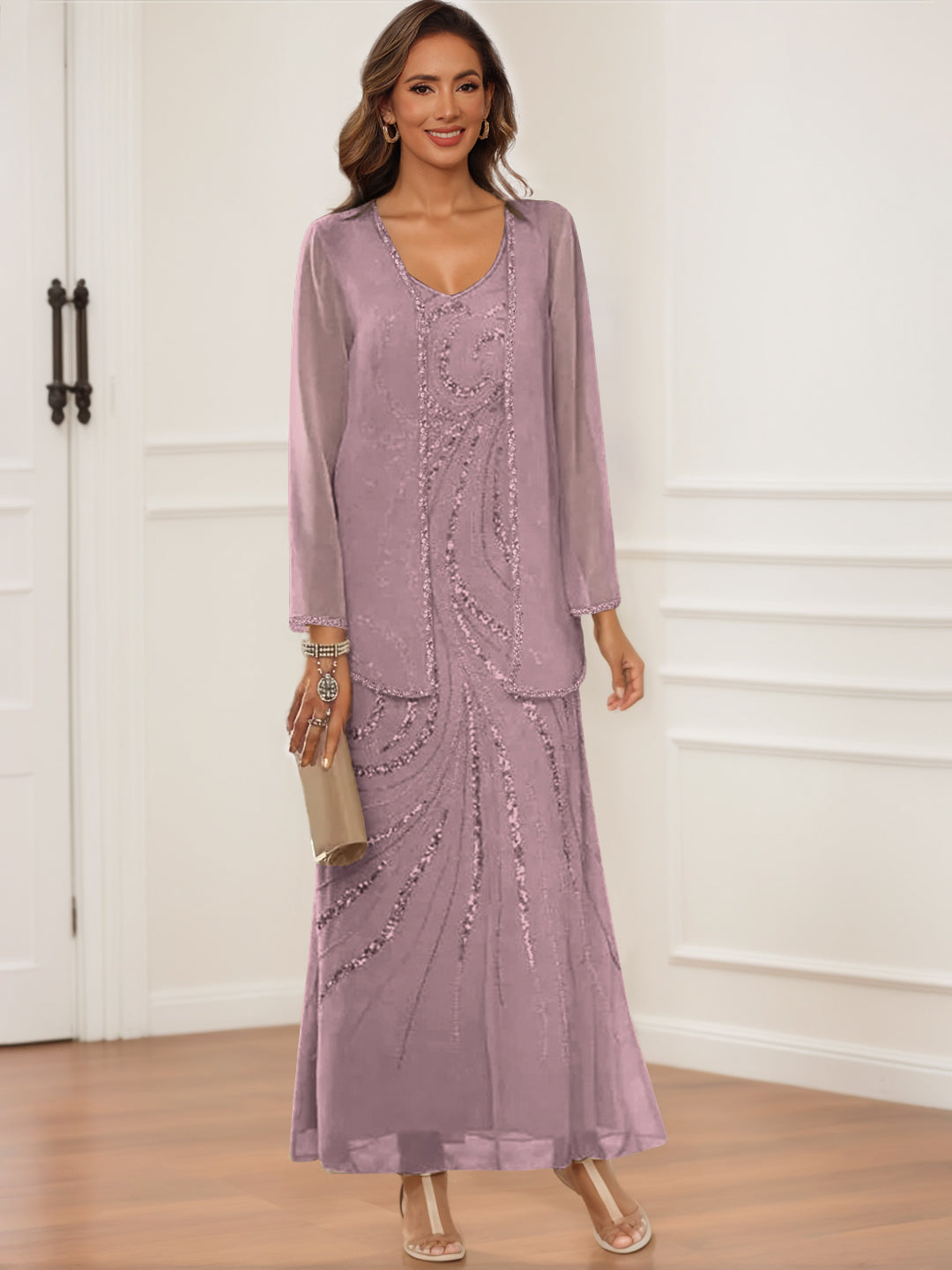 Sheath/Column V-Neck Ankle-Length Mother Of The Bride & Groom Dresses With Jacket & Sequins BabaMila