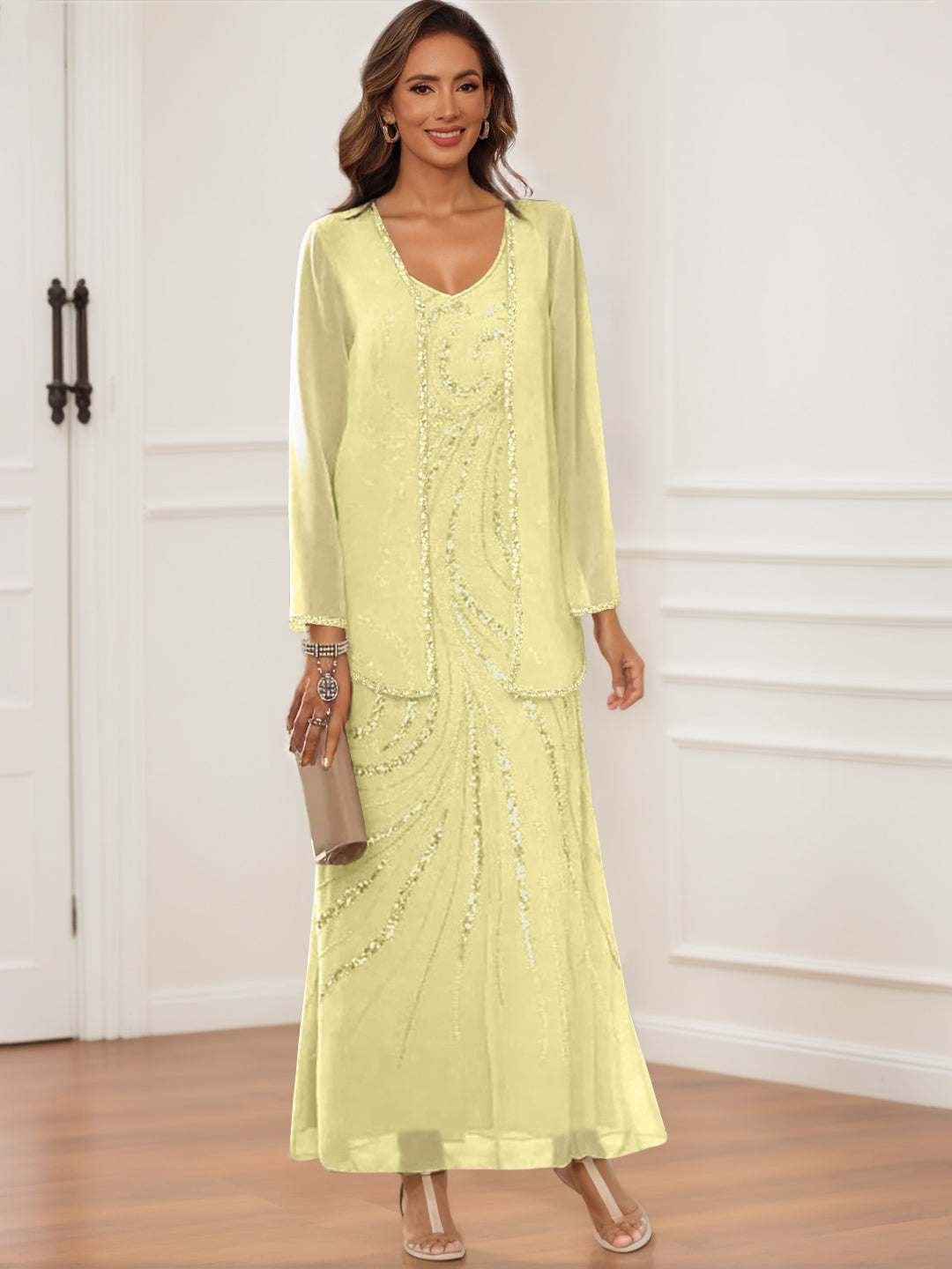 Sheath/Column V-Neck Ankle-Length Mother Of The Bride & Groom Dresses With Jacket & Sequins BabaMila