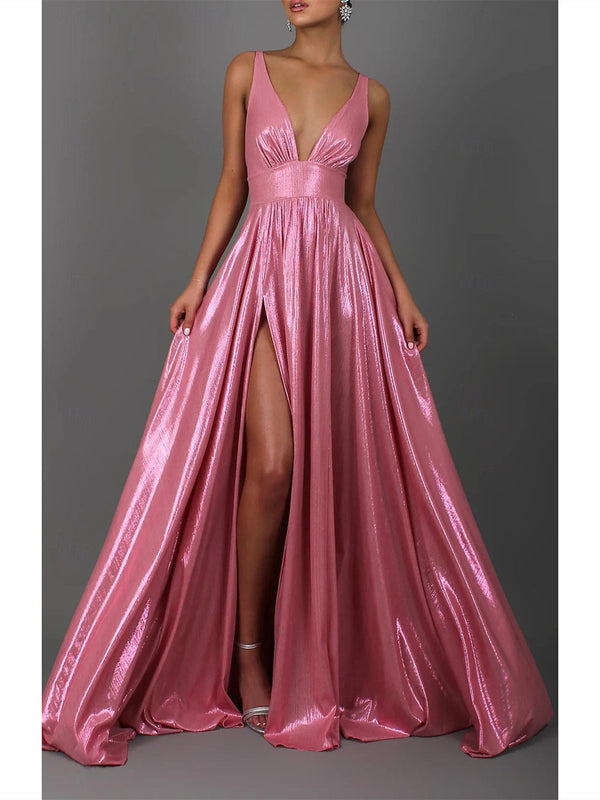 A-Line/Princess Sleeveless V Neck Floor-Length Prom Dresses with Pleats BabaMila