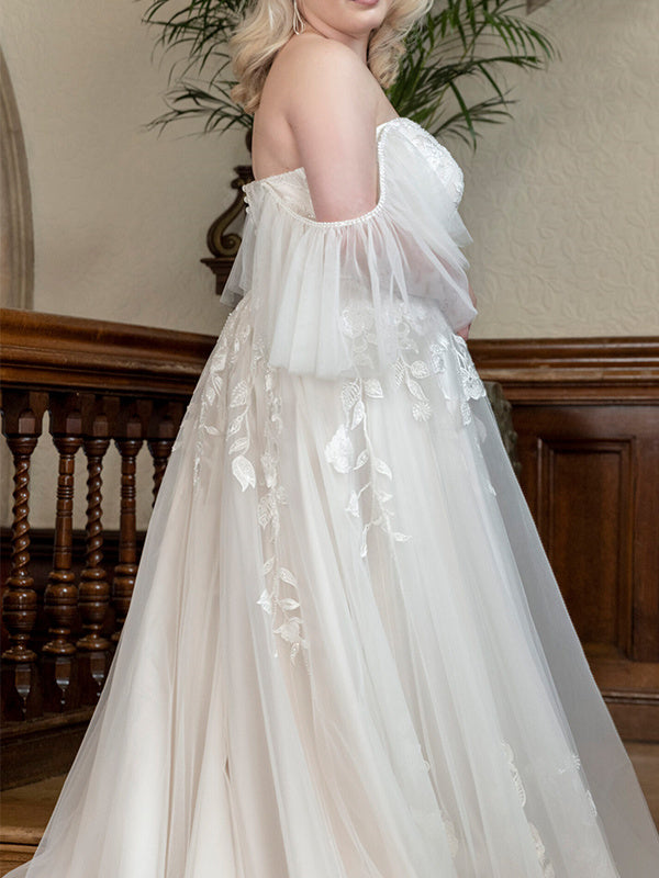 A-Line/Princess Off-the-shoulder Sweep Train Sleeveless Tulle Wedding Dresses With Appliques Lace BabaMila