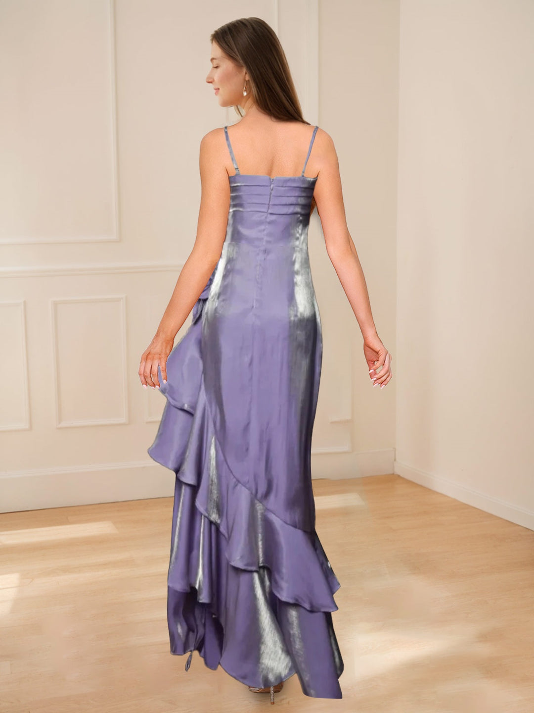 Sheath/Column Spaghetti Straps Ruched Asymmetrical Vintage Prom Dresses with Ruffles/3D Flower BabaMila